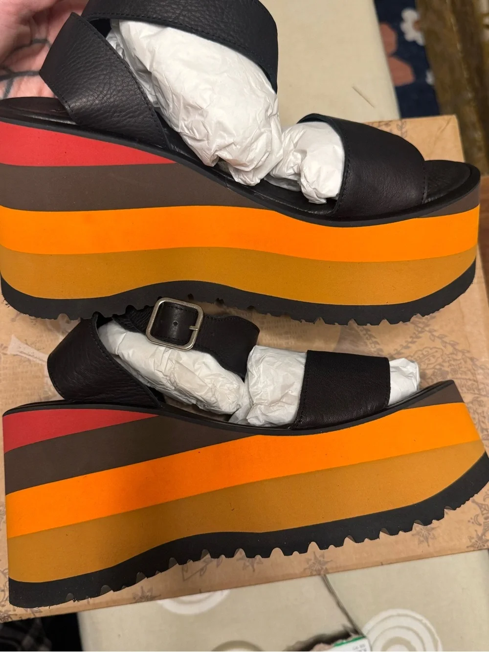 Free People Black Leather Platform Sandals with Multicolor Striped Wedge